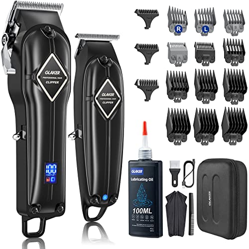 GLAKER Professional Hair Clippers and T-Blade Trimmer, Cordless Mens Hair Clippers for Women Kids, Barber Clippers Rechargeable Fading Clippers with 15PCS Guards