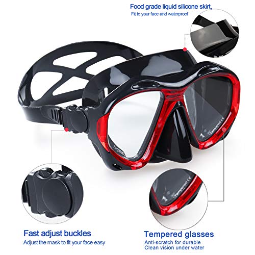 Snorkel Diving Mask Panoramic HD Swim Mask, Anti-Fog Scuba Diving Goggles,Tempered Glass Dive Mask Adult Youth Swim Goggles with Nose Cover for Diving, Snorkeling, Swimming (A-Black Red)
