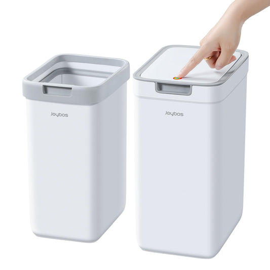 funest Bathroom Trash Can, 2 Pack Small Trash Can, S02 Plastic Waste Basket for Bedroom, Narrow Trash Bin for Home and Office, 3.6 Gal (Press top lid) + 2.4 Gal (Open lid)