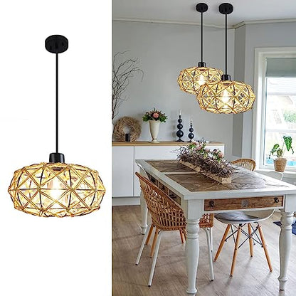 uznhty Rattan Pendant Lights Kitchen Island Woven Boho Chandelier Farmhouse Hanging Lighting Hemp Rope Adjustable Semi Flush Mount Ceiling Light Rattan Light Fixture for Dinning Room Bedroom Hallway