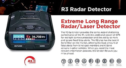 Uniden R3 EXTREME LONG RANGE Laser/Radar Detector, Record Shattering Performance, Built-in GPS w/ Mute Memory, Voice Alerts, Red Light & Speed Camera Alerts, Multi-Color OLED Display , Black
