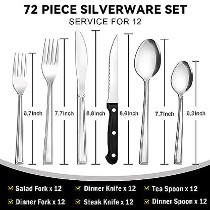 72-Piece Silverware Set with Steak Knives, Funnydin Forks and Spoons Silverware Set for 12, Food-Grade Stainless Steel Flatware Cutlery Set, Utensil Sets for Home Kitchen Restaurant, Dishwasher Safe