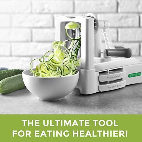 Spiralizer Ultimate 10 Strongest-and-Heaviest Duty Vegetable Slicer Best Veggie Pasta Spaghetti Maker for Keto/Paleo/Gluten-Free, With Extra Blade Caddy & 4 Recipe Ebook White