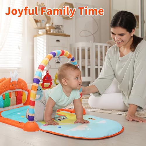 HOLYFUN Baby Gym Play Mat, Play Piano Gym with Sound & Light,Tummy Time Activity Mat with Baby Rattles for Sensory and Motor Skill Development, Musiacl Activity Center for Newborn Baby, Orange