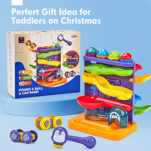 Toddler Toys for 1 Year Old Boy Birthday Gift 2 in 1 Pound Ball Toy & Car Ramp Race Track Learning Active Early Developmental Montessori Toys for 1-Year-Old Birthday Gifts for 1 2 3 Year-Old Boy Girl
