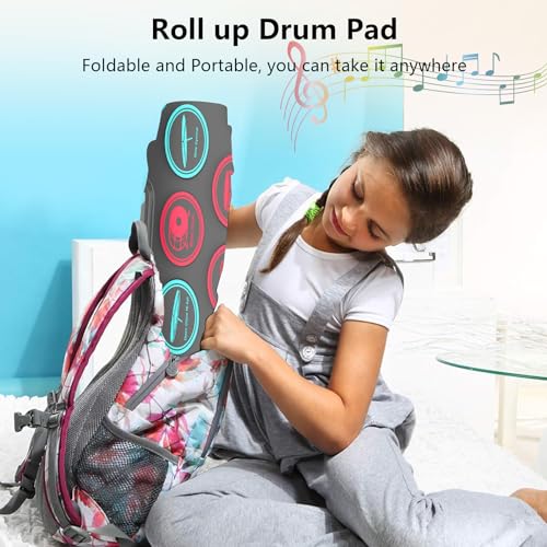 FVEREY Electric Drum Set, 9 Drum Practice Pads, Roll Up Drum Kit, Portable Digital Drum Machine with Headphone Jack, Built-in Speaker, Drum Sticks, Pedals, Christmas Birthday Gift for Beginner, Kids