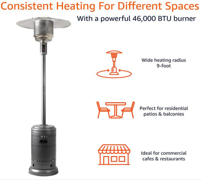 Amazon Basics 46,000 BTU Outdoor Propane Patio Heater with Wheels, Commercial & Residential, Slate Gray, 32.1 x 32.1 x 91.3 inches (LxWxH)