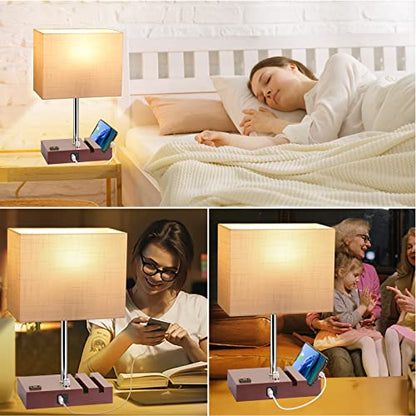 Dott Arts Bedside Lamp for Bedroom, Fully Dimmable Table Lamp with USB Ports, Small Table Lamps with Charging Station AC Outlet and Phone Stands Nightstand Lamp for Living Room(LED Bulb Included)