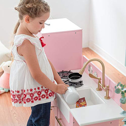 Teamson Kids Little Chef Charlotte 2-Piece Modular Wooden Play Kitchen with Icemaker and Ample Storage, Pink with Gold Hardware