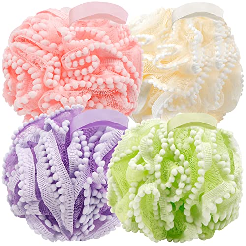 BCKENEY Bath Shower Sponge Soft Mesh Poufs Shower Loofah Ball Body Wash Scrubber Bath Sponge for Women and Men Soothing Face & Body Exfoliator (4Pcs 60G Luxury)
