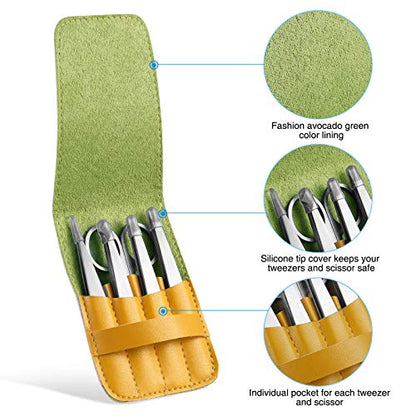 Tweezers Set, 4Pcs Eyebrows Tweezers and a Pair of Scissor with Leather Case, Great Precision for Eyebrow, Ingrown Hair, Splinter, Facial Hair Removal By HAWATOUR, Silver