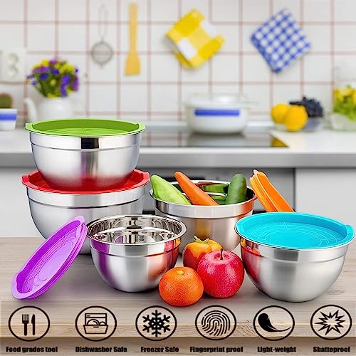 Mixing Bowls with Airtight Lids, 23PCS Large Stainless Steel Mixing Bowl Set & 400ML Measuring Cups & Baking Tools, Kitchen Utensils Metal Nesting Bowl 7/6/4.5/3.5/2.5QT for Prepping Cooking Serving