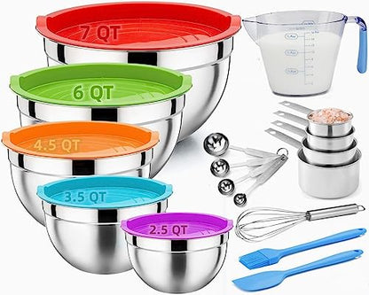 Mixing Bowls with Airtight Lids, 23PCS Large Stainless Steel Mixing Bowl Set & 400ML Measuring Cups & Baking Tools, Kitchen Utensils Metal Nesting Bowl 7/6/4.5/3.5/2.5QT for Prepping Cooking Serving