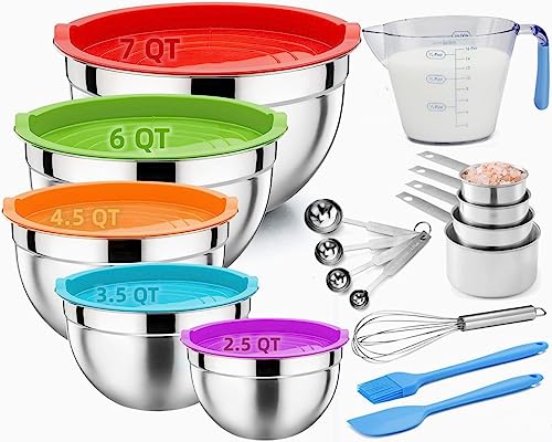 Mixing Bowls with Airtight Lids, 23PCS Large Stainless Steel Mixing Bowl Set & 400ML Measuring Cups & Baking Tools, Kitchen Utensils Metal Nesting Bowl 7/6/4.5/3.5/2.5QT for Prepping Cooking Serving