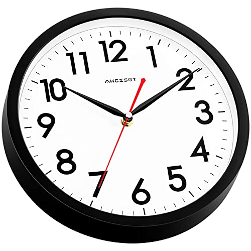 AKCISOT Wall Clock Silent Non Ticking Modern Wall Clocks Battery Operated 10 Inch, Analog Small Classic Clock Decorative for Bedroom, Kitchen, Home Office, Bathroom, School, Living Room (Black)