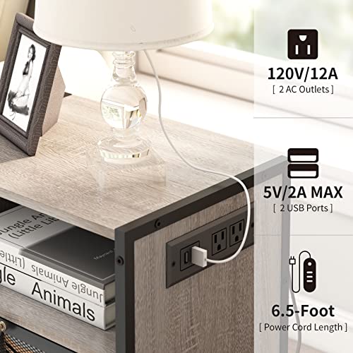 SOOWERY Nightstand with Charging Station, End Table with USB Ports and Outlets, Bedside Tables with Storage Space and Door, for Bedroom, Living Room, Greige