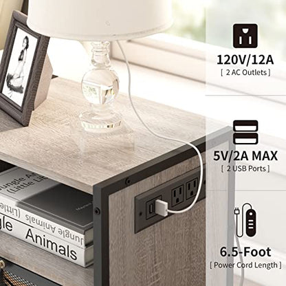 SOOWERY Nightstand with Charging Station, End Table with USB Ports and Outlets, Bedside Tables with Storage Space and Door, for Bedroom, Living Room, Greige