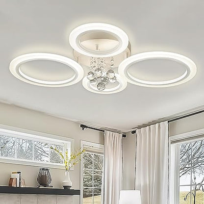Modern Flush Mount Ceiling Light Fixture 4 Rings Crystal Chandeliers LED Ceiling Lights Dimmable Kitchen Light Fixtures White Bedroom Ceiling Lights for Living Room Hallway Entrance Office 25.8 Inch