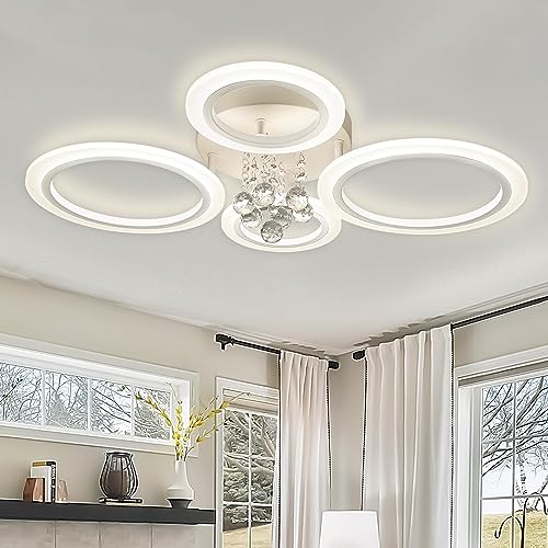 Modern Flush Mount Ceiling Light Fixture 4 Rings Crystal Chandeliers LED Ceiling Lights Dimmable Kitchen Light Fixtures White Bedroom Ceiling Lights for Living Room Hallway Entrance Office 25.8 Inch