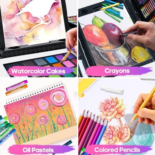 276 PCS Art Supplies Drawing Art Kit for Kids Adults Set with Double Sided Trifold Easel Box with Oil Pastels, Crayons, Colored Pencils, Paint Brush, Watercolor Cakes ect. Gift for Girls Boys Artist