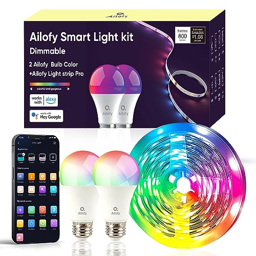 Ailofy Smart LED Strip Lights 16.4ft and 2 Pack Color Bulbs Kit with App Control, Color Changing, Wi-Fi Light Work with Alexa and Google Home, Sync to Music, Light Kit for Bedroom, Living Room