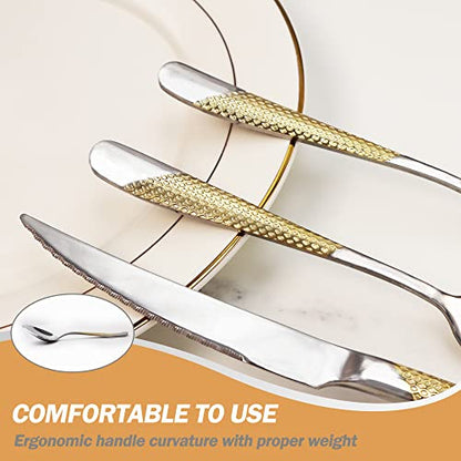 Runfly 20 Piece Hammered Modern Silver Gold Silverware Set, 18/10 Stainless Steel Flatware Set, Golden Kitchen Utensil Set Service for 4, Tableware Set, Cutlery Set Including Fork Spoon and Knife