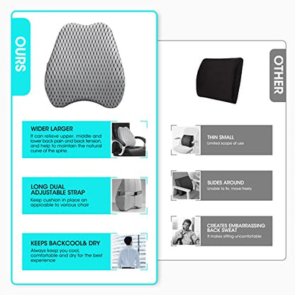 Bipintip Large Lumbar Support Pillow for Office Chair with Adjustable Strap and Washable Cover - Memory Foam Back Support for Back Pain Relief,Improve Posture,Desk Chair,Couch(Gray)