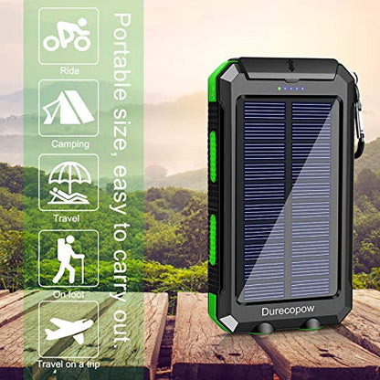 Durecopow Solar Charger, 20000mAh Portable Outdoor Waterproof Solar Power Bank, Camping External Backup Battery Pack Dual 5V USB Ports Output, 2 Led Light Flashlight with Compass (Green)