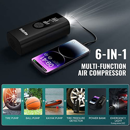 Tire Inflator Portable Air Compressor-Upgrade 20000mAh Electric Air Pump for Car Tires-150 PSI Tire Pump-Cordless Tire Inflation with Pressure Gauge Emergency Light for Car, Motor, Bike, Ball, Black