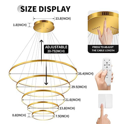 OKELI Modern LED Chandelier, 5 Rings Gold Large Chandelier, Dimmable High Ceiling Foyer Chandelier Light Fixtures with Remote for Dining Room,Living Room, Entryway, Staircase, 150W