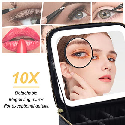 RRtide Travel Makeup Bag with Mirror of LED Lighted, Makeup Train Case with Adjustable Dividers, Makeup Case with Mirror and Detachable 10x Magnifying Mirror