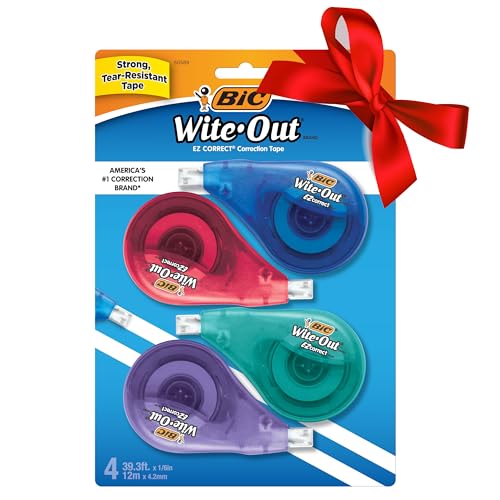 BIC Wite-Out Brand EZ Correct Correction Tape, 19.8 Feet, 4-Count Pack of white Correction Tape, Fast, Clean and Easy to Use Tear-Resistant Tape, Great Stocking Stuffers for Teachers
