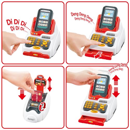 Victostar Toy Cash Register for Kids with Checkout Scanner,Fruit Card Reader, Credit Card Machine, Play Money and Food Shopping Play Set