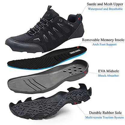 SHULOOK Men's Waterproof Hiking Shoes Lightweight Anti Slip Outdoor Ankle Boots Breathable Hike Trekking Trails Shoe Black/Grey 9