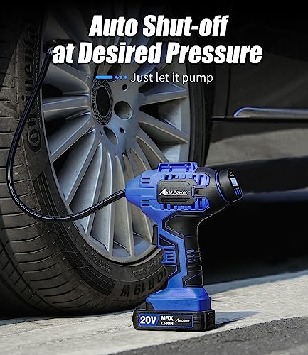 Avid Power Tire Inflator Air Compressor, 20V Cordless Car Tire Pump with Rechargeable Li-ion Battery, 12V Car Power Adapter, Digital Pressure Gauge, Portable Auto Air Pump for Many Inflatables (Blue)