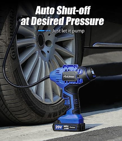 Avid Power Tire Inflator Air Compressor, 20V Cordless Car Tire Pump with Rechargeable Li-ion Battery, 12V Car Power Adapter, Digital Pressure Gauge, Portable Auto Air Pump for Many Inflatables (Blue)