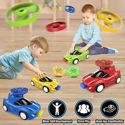 KIZJORYA 4-Pack Toy Racer Car with 4 LED Light Up Flashing Spinning Tops & 4 Flying Tops for Kids, Push & Go Vehicles with Spinner Set, for Boys Girls Toddlers Ages 3 4 5 6 7 8+