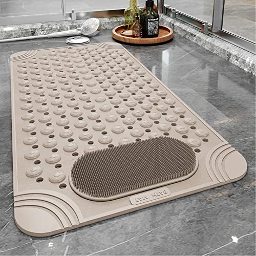Bathtub Mat Non-Slip Shower Mat with Drain Holes Suction Cups, Quick Drying Easy Cleaning, Feet Massage, Bath Mat for Tub & Shower Stall & Bathroom, Machine Washable (27.5×14.2in, Beige)