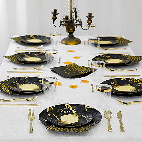N9R 225pcs Black Gold Plastic Plates, Disposable Dinnerware Set Include 25 Dinner Plates, 25 Dessert Plates, 25 Gold Plastic Silverware, 25 Mini Forks, Gold Cups, Napkins and Table Cards for Party