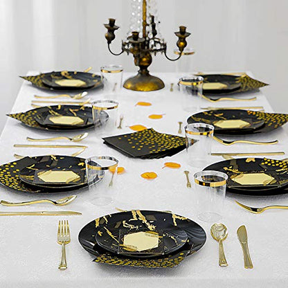 N9R 225pcs Black Gold Plastic Plates, Disposable Dinnerware Set Include 25 Dinner Plates, 25 Dessert Plates, 25 Gold Plastic Silverware, 25 Mini Forks, Gold Cups, Napkins and Table Cards for Party