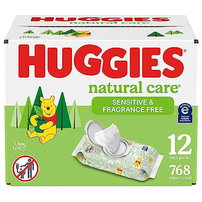 Baby Wipes, Huggies Natural Care Sensitive Baby Diaper Wipes, Unscented, Hypoallergenic, 64 Count (Pack of 12) Flip-Top Packs (768 Wipes Total)