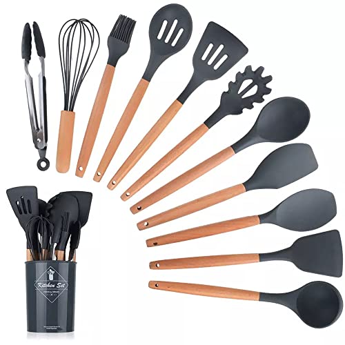 Karangred 12Pcs Silicone Cooking Kitchen Utensils Set with Holder,Wooden Handles Cooking Tool,BPA Free,Non Toxic Turner Tongs Spatula Spoon Kitchen Gadgets Set for Nonstick Cookware (Black)