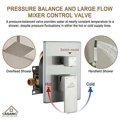 CASAINC Rain Shower Head with Handheld Spray 10" Ceiling Mounted Shower System Brushed Nickel Shower Head Combo