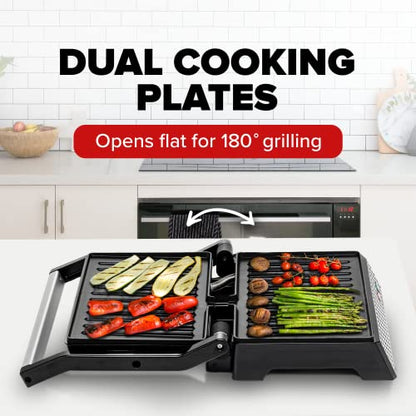 OVENTE Electric Indoor Panini Press Grill and Sandwich Maker with Non-Stick Coated Plates, Opens 180 Degrees to Fit Any Type or Size Food, Temperature Control and Removable Drip Tray, Silver GP0620BR