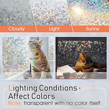 LUTE Window Privacy Film Rainbow Window Cling 3D Decorative Stained Glass Window Coverings, Static Cling Non-Adhesive Removable Window Sticker Sun UV Blocking Window Decal for Home 17.5 x 78.7 inches