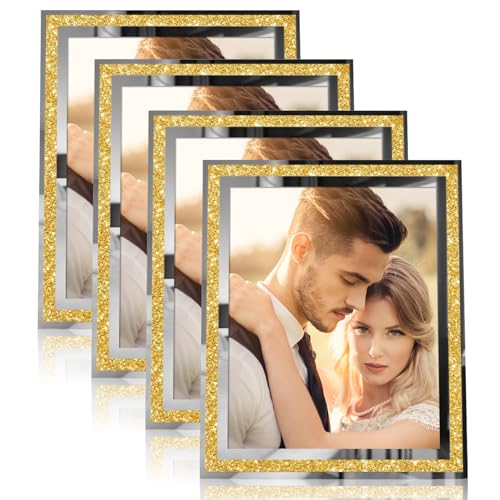 Egofine 8x10 Picture Frames Set of 4, Glass Picture Frames Gold Crystal with Silver Edge Wedding Photo Frames for Tabletop Display Vertically or Horizontally