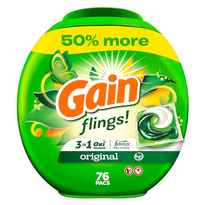 Gain flings Laundry Detergent Soap Pacs HE Compatible Long Lasting Scent, Original Scent, 76 Count