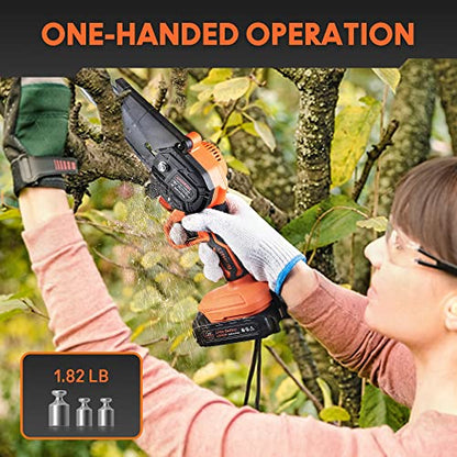 Mini Chainsaw 6-Inch with 2PC Rechargeable Battery, Cordless Electric Handheld Chainsaw Battery Powered with 2 Chains, AISHIKEKE 1.82LB Small Power Chain Saw for Tree Trimming Branch