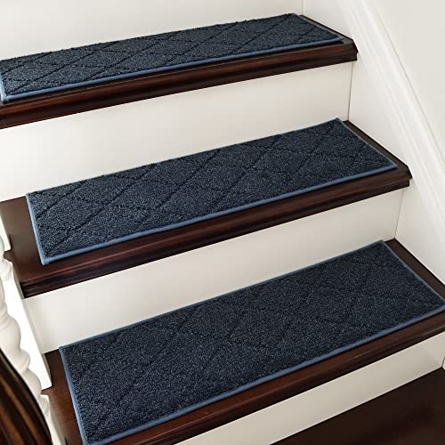 COSY HOMEER Edging Stair Treads Non-Slip Carpet Mat 28inX9in Indoor Stair Runners for Wooden Steps, Edging Stair Rugs for Kids and Dogs, 100% Polyester TPE Backing 15pcs,Navy