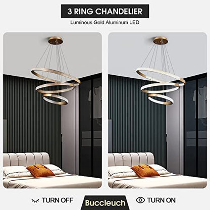 Buccleuch Dining Room Light Fixtures Over Table Gold Modern Chandelier Lighting LED 3-Ring for Living Room Kitchen Island Adjustable Cords 75W 6000K Dimmable
